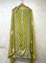 Chiffon Olive Green Festival Wear Hand Work Punjabi Dress Materials